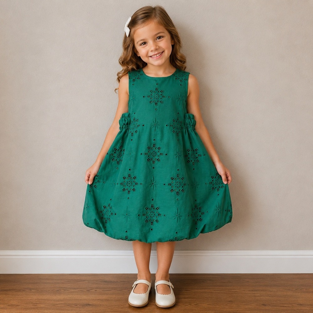 Girls Green Eyelet Floral Bubble Hem Dress Size 5Y Sleeveless Party